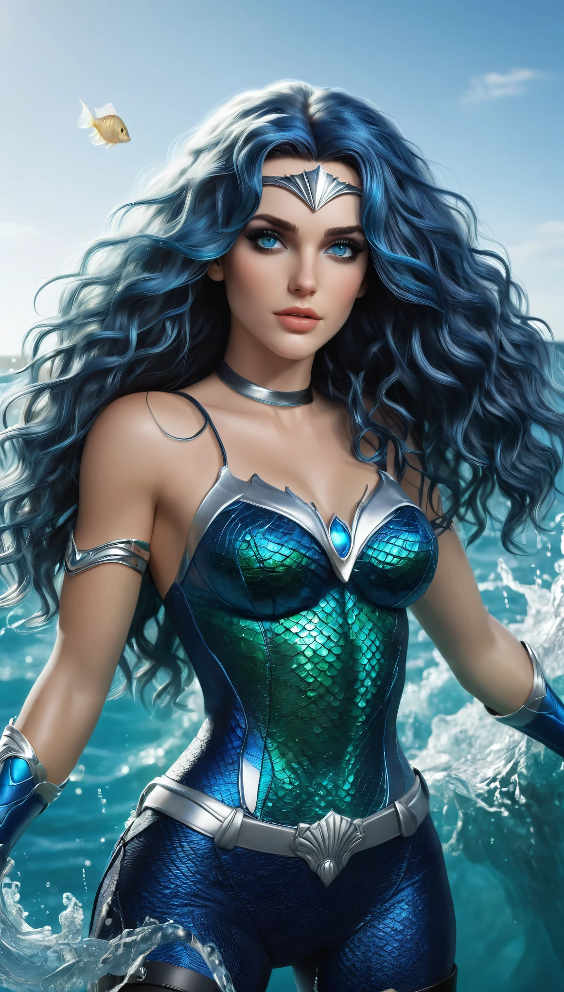 ( Masterpiece, 4k resolution, ultra-realistic, very detailed) A beautiful sexy female superhero who is a demigoddess , blue/green eyes and navy blue hair. , , She wears a blue outfit with a fish scale like texture sleeveless , she has bracelets that are silver, and has black boots with a glowing blue tint. a silver belt with a sea shell in the center, (Oceania) ( ()  (wavy hair) (laying on water) (floating)