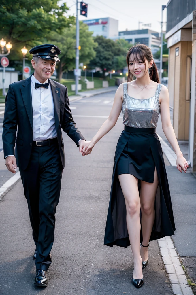 Highest quality, masterpiece, Ultra-high resolution, (reality: 1.4), Original photo, Two men and women, mature, Both in uniform, Smile, ,Looking at each other and holding hands,  Cinema Lighting, Both of them are red-faced, 