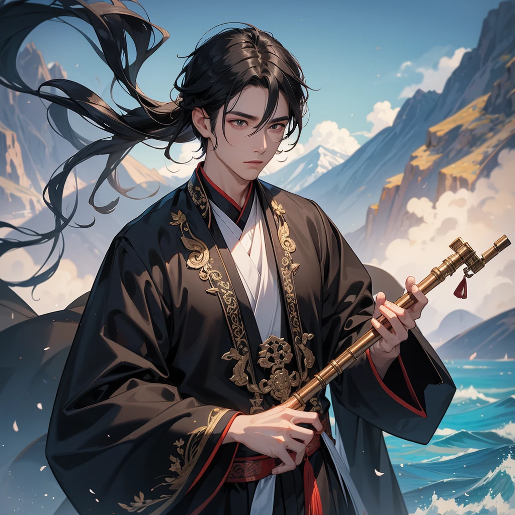 Handsome black-haired male in black ancient Chinese costume, close up, Playing a flute, background is the mountains and the sea, low cloud.