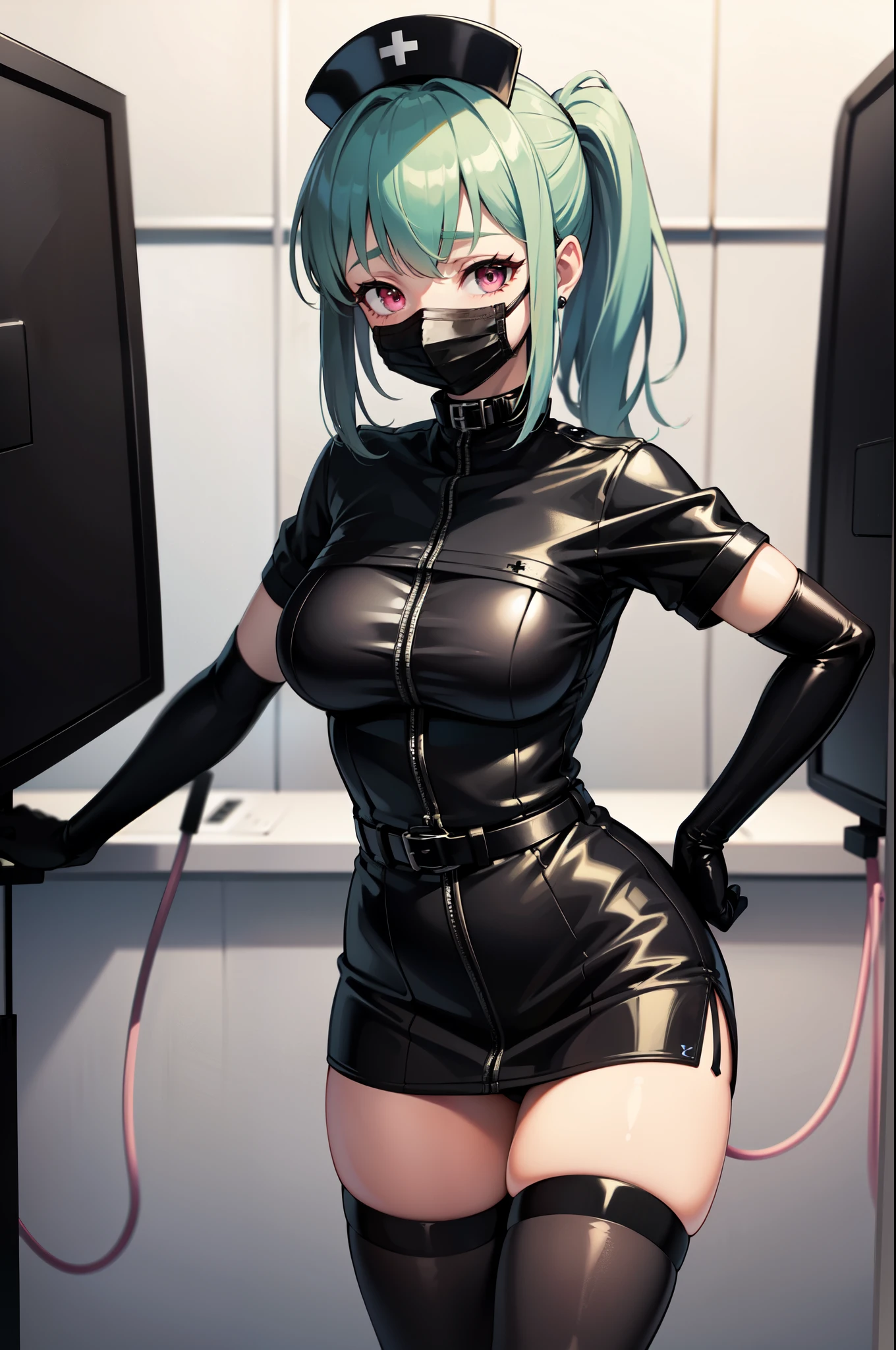black nurse, 1girl, solo, black nurse cap, black nurse uniform, ((black legwear, zettai ryouiki)), black elbow gloves, ponytail, green hair, pink eyes, ((black surgical mask, covered nose)), standing, ((surgery room)), sharp outline, short sleeves, best quality, masterpiece