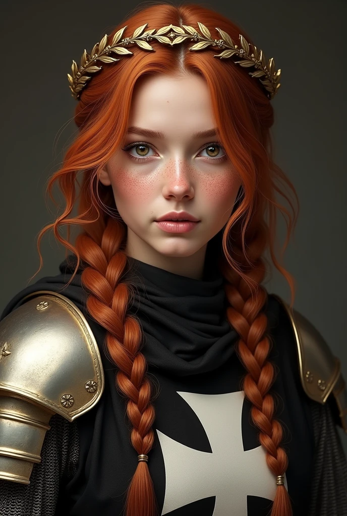 Lady in crusader armor, plate and cloth, auburn hair, gorgeous face, braided hair, wearing a golden laurel wreath crown, lokkint into the camera, best quality, ultra realistic, pretty face, freckles, waring a black tabard on top of her armour with the white hospitaller cross, tabard covers the chest area, realistic cloth, tabard is black, logo is white,