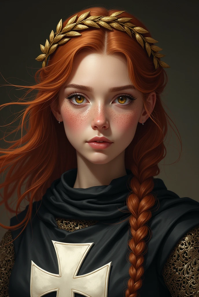 Lady in crusader armor, plate and cloth, auburn hair, gorgeous face, braided hair, wearing a golden laurel wreath crown, lokkint into the camera, best quality, ultra realistic, pretty face, freckles, waring a black tabard on top of her armour with the white hospitaller cross, tabard covers the chest area, realistic cloth, tabard is black, logo is white,