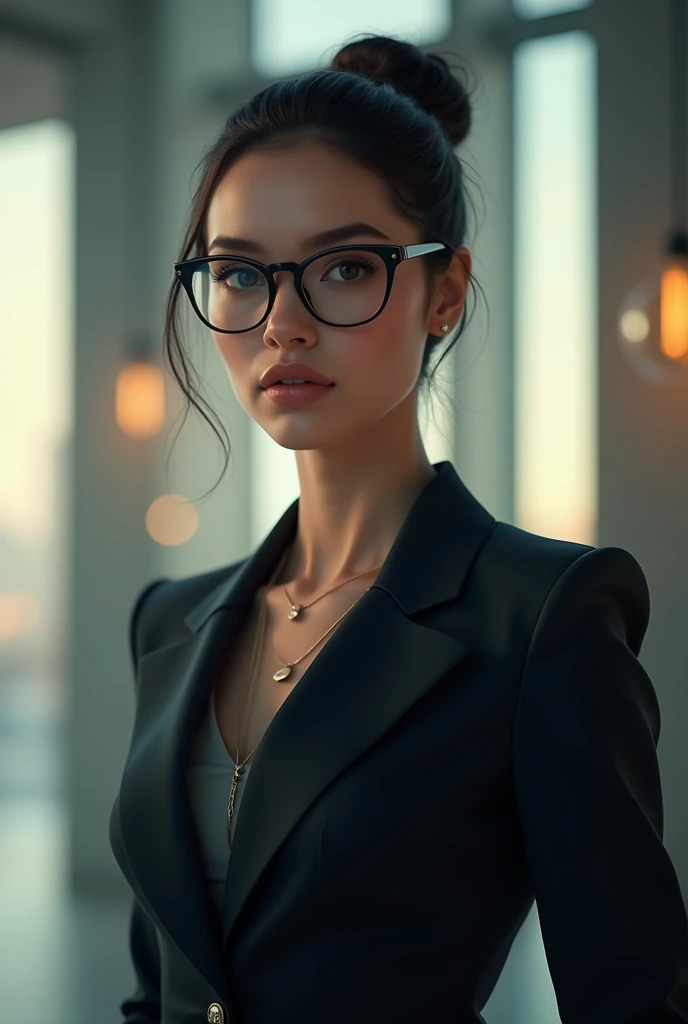 masterpiece, Highest quality, Highly detailed CG Unity 8k wallpaper, lawyer, woman, Glasses, Wearing a sharp suit, Hair , Bokeh Photo, (Soft Focus):1.2, Out of focus highlights, Dreamy atmosphere, Glowing circle, Fascinating Depth, Cowboy Shot, court