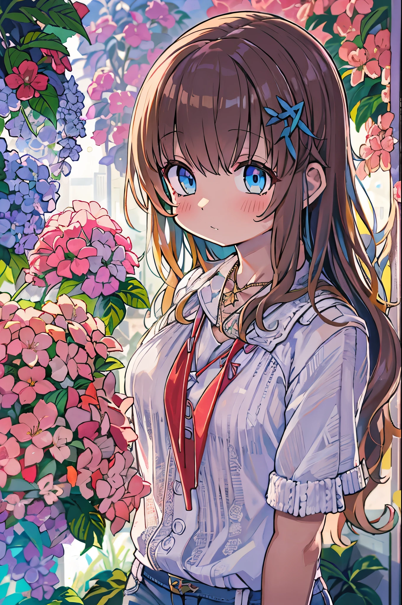 4K, June scenery, Beautiful woman, Long Hair, Brown Hair, Medium chest, blue eyes, White shirt, hot pants, Neon Red Heart Necklace, View your viewers, night, Multicolored hydrangea