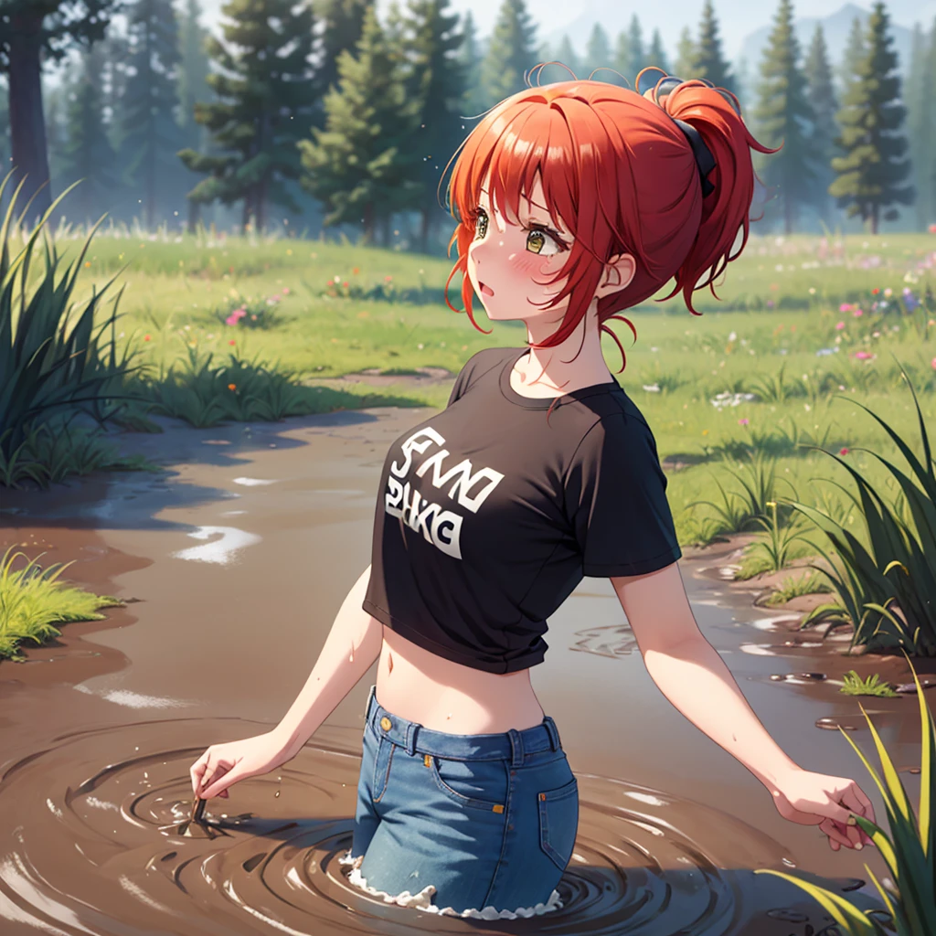 1girl, solo:2.0, masterpiece, beautiful detailed girl, blush, drowning in mud, bog, grass, trees, muck, orgasm, headback, Solo, From Side, wearing tshirt, jeans, red hair in ponytail, quicksand:1.4, stuck, struggling, torso, 