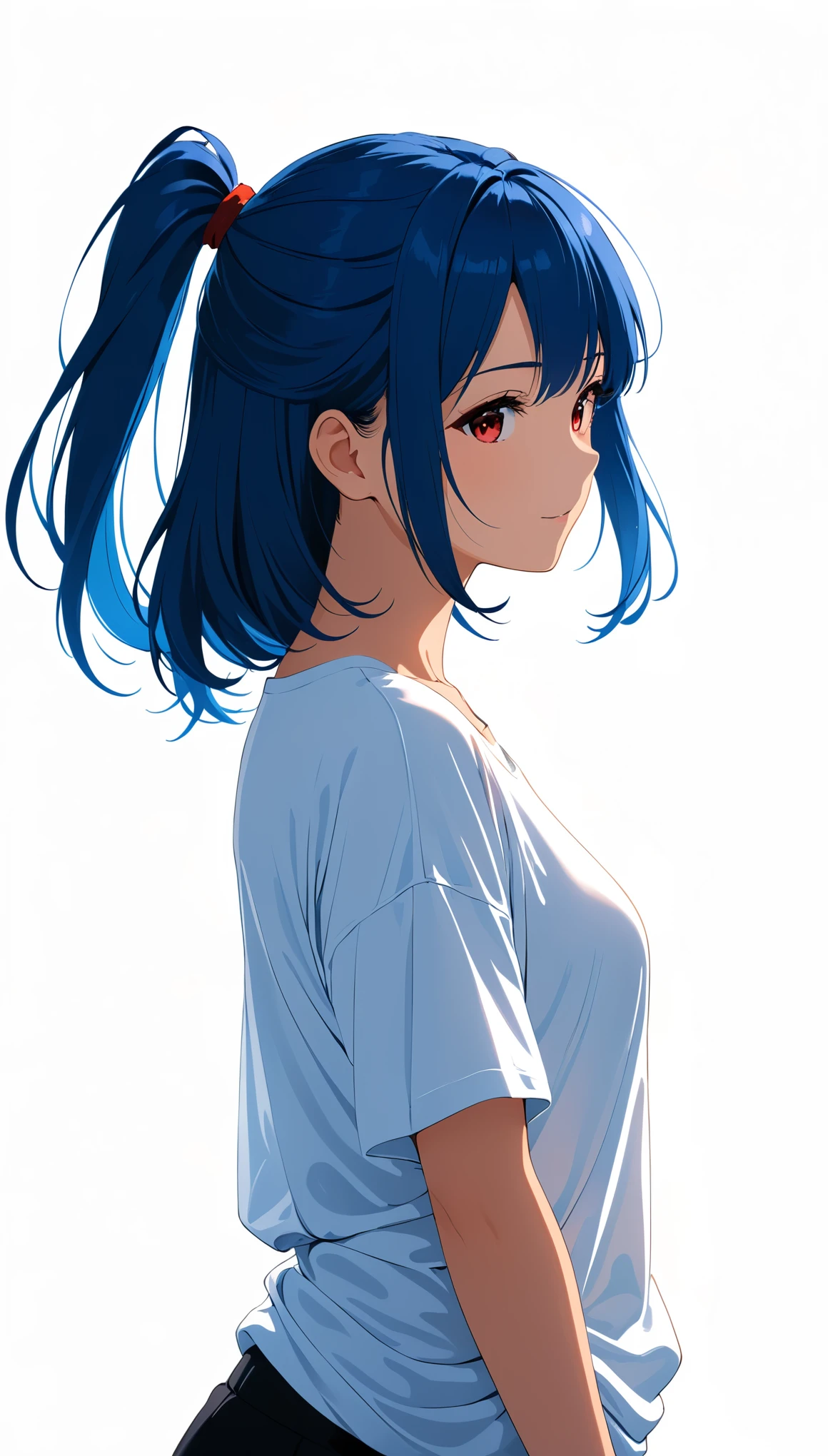 in style of Bess Hamiti
(half body,gravure_pose,smug),1girl,(blue hair, red eyes ),cowboy shot,(white_background:1.8),leaning_to_the_side,(dynamic_angle:1.8),(hair one side up:1.8),oversized ultra-thin white t-shirt,(the silhouette of the body is clearly visible in the light:1.5),from the side,hands flat