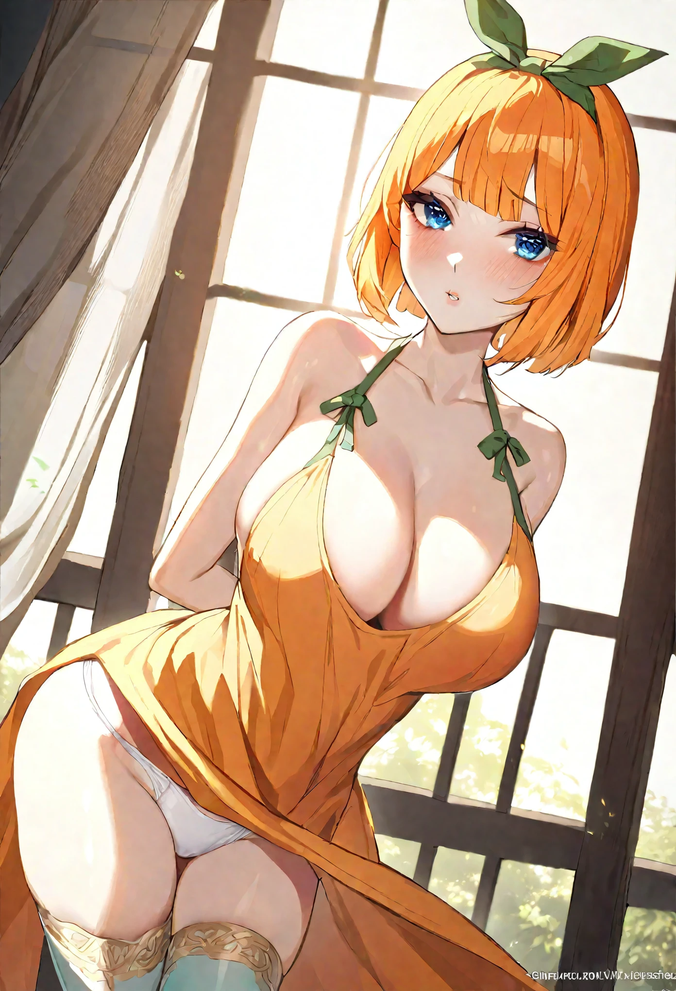 1girl, elegant erotic beautiful girl, big breasts, ((short orange hair)), hair is short, green ribbon in hair, maxi dress, adultery, indecent, vulgar, Nakano Yotsuba, intricate details, delicate facial features, beautiful blue eyes, ulzzang, long eyelashes, small nose, full lips, porcelain skin, natural lighting, warm color palette, chiaroscuro lighting, dramatic shadows, sensual, alluring, mature themes, artistic, dreamlike, ethereal, ((arms behind back)), thigh highs, ((white panties)), sideboob, cleavage, looking at viewer, ulzzang, (blue eyes),