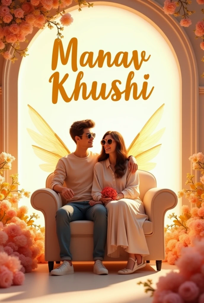 Create a 3D illusion for a profile picture where a 2 cute couple in red casual wearing and sun glasses sitting comfortably on a wingback chair, with Manav❤Khushi written in big and bold Yellow letters on a white lit wall at the back. There dhould also be beautiful flowers, no shadows, and wings added to show that he or she is an angel.