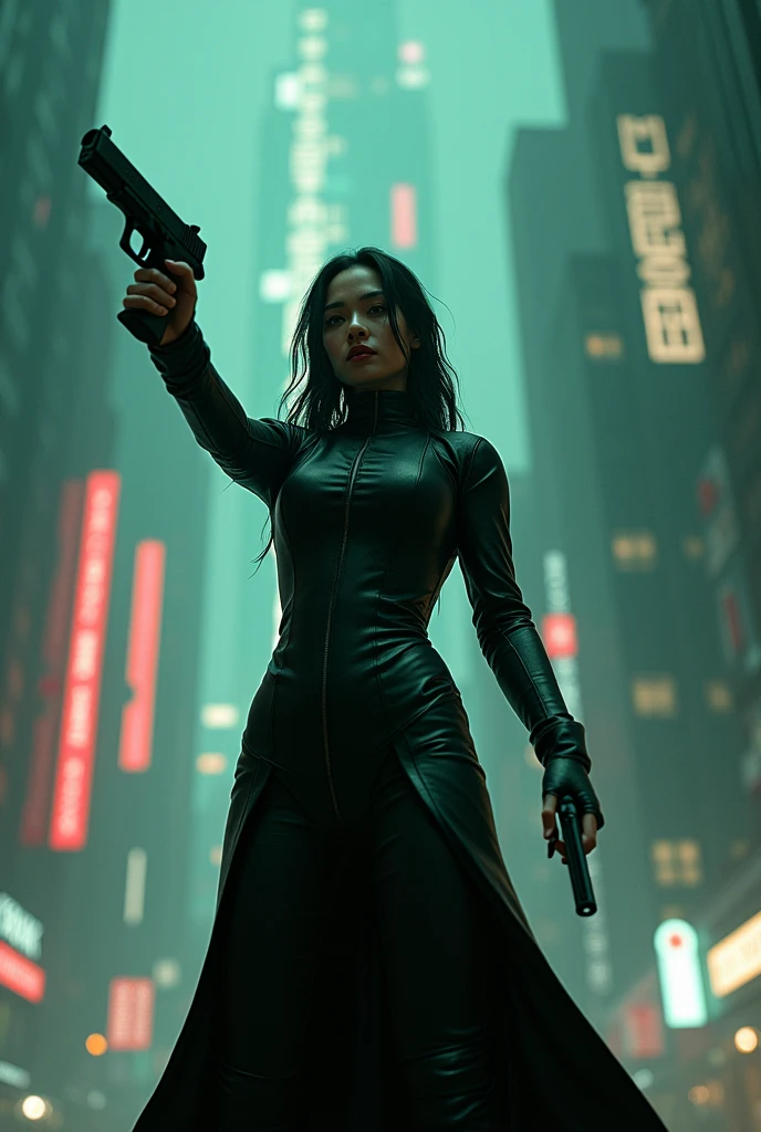 CYBERPUNK: EDGERUNNERS,asian woman holding a gun in a city with a skyscraper in the background, trinity from the matrix, trinity the matrix, in the new matrix movie, dramatic wielding gun pose, neo from the matrix, from matrix(1999), from matrix ( 1 9 9 9 ), matrix), matrix ), agents from the matrix movie, matrix movie color grading