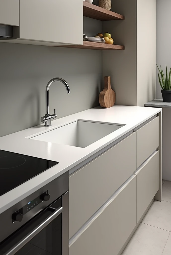 kitchen sink measuring 225x60cm with cabinet. cooktop on the left. 50cm between the cooktop and the sink on the right door below the cooktop and 4 drawers between the cooktop and the sink.