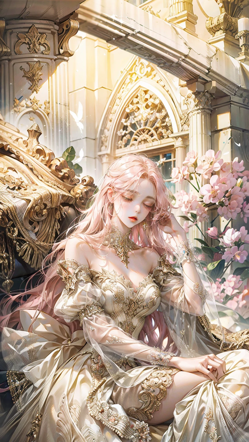 ((best quality)), ((ultra high definition)), ((masterpiece)), ((Romance Fantasy)), ((illustration)), (detailed), (clear), (Perfect), 1 woman, mature, beautiful, pure, sad expression, long pink hair with bangs, white skin, eyes closed, Deep double eyelids, abundant eyelashes, pretty lips, big bust, small waist, White dress with lace, lying on the floor, marble floor, full body shot