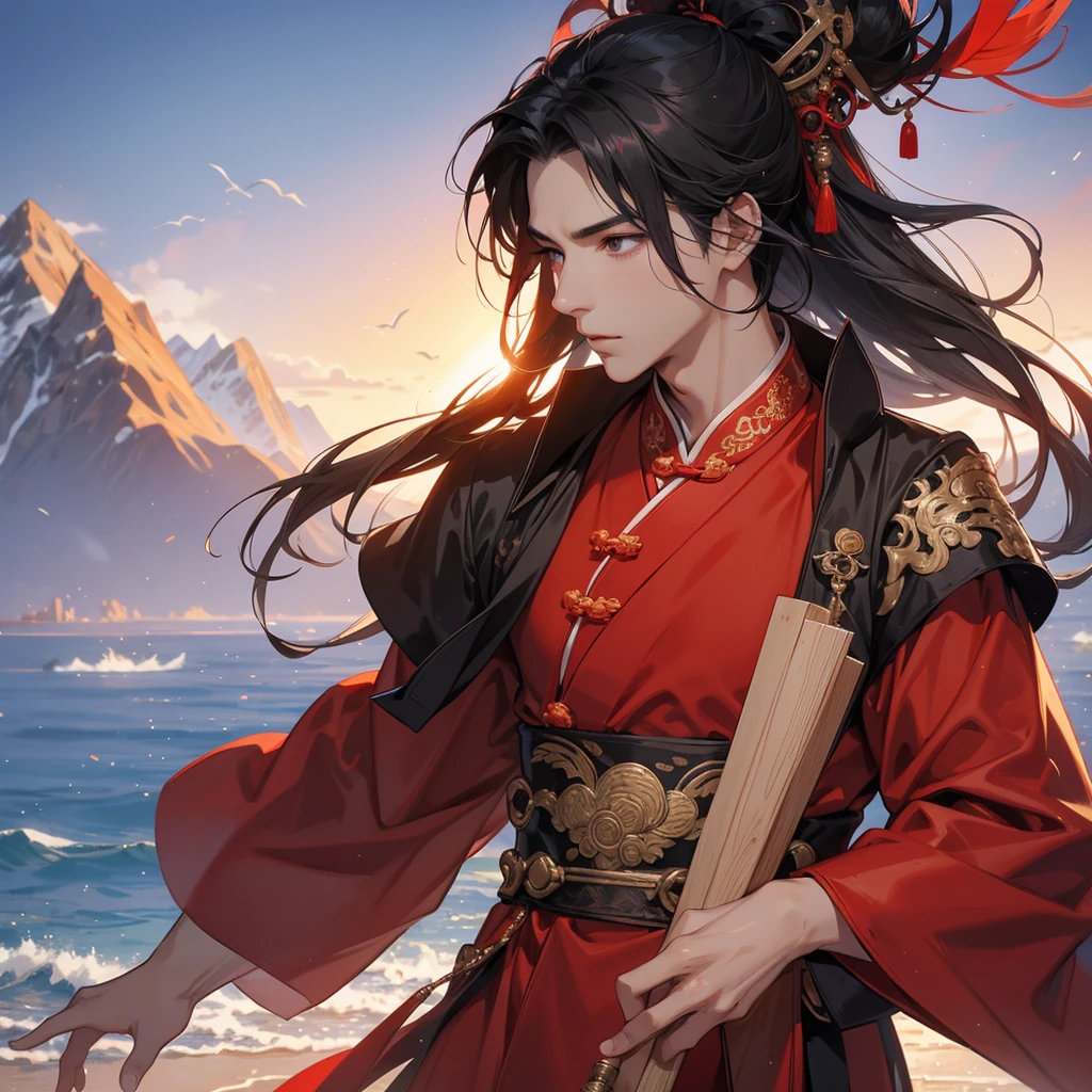 Handsome black-haired male in red ancient Chinese costume, close up, Playing a flute, background is the mountains and the sea, low cloud.