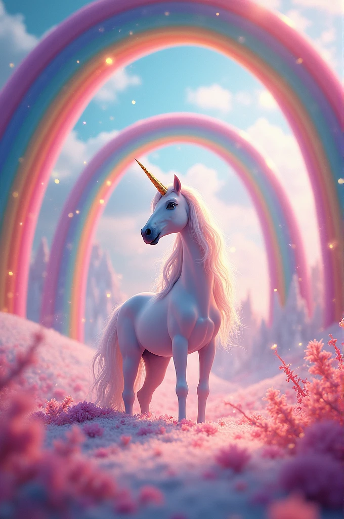 rainbow unicorn surrounded by several rainbows