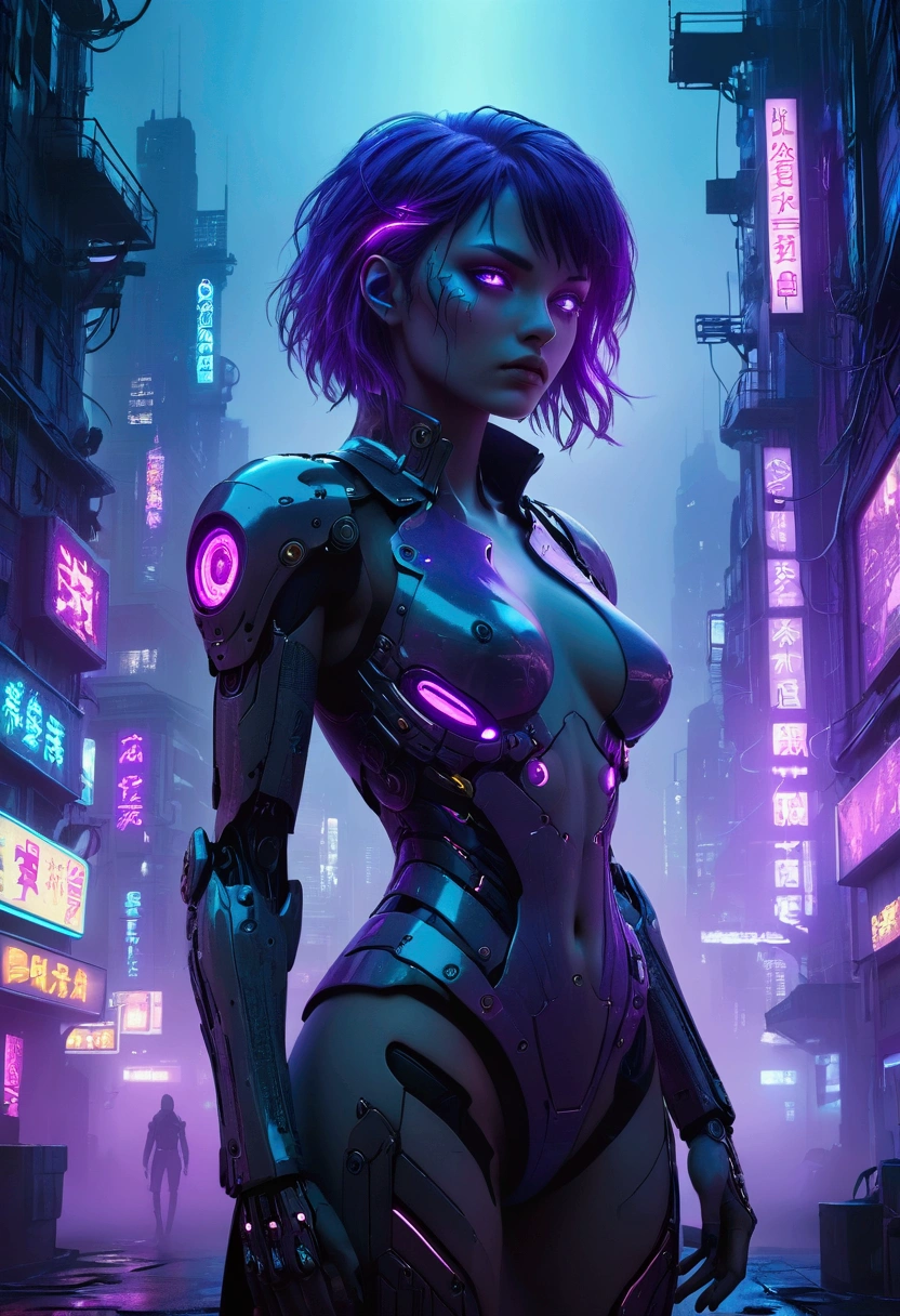 a cyberpunk dystopian city, a girl with glowing cybernetic implants, neon lights, dark shadows, futuristic architecture, gritty and moody atmosphere, hyper-detailed, cinematic lighting, dramatic pose, intense expression, glowing cybernetic body parts, intricate android/cyborg design, neon-soaked cityscape, moody blue and purple tones, volumetric fog, dramatic chiaroscuro lighting, high-tech details, advanced technology, sense of unease and danger, photorealistic, 8k, hyper-detailed