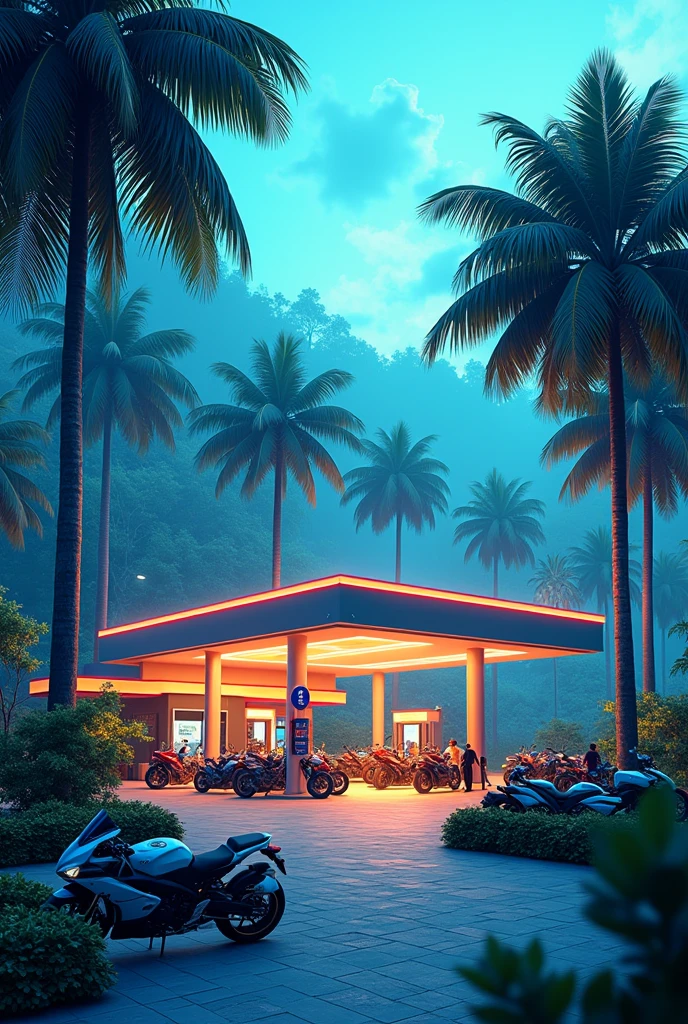 Indion oil petrol pump with full of trees in blue colour and costly bikes and poring petrol