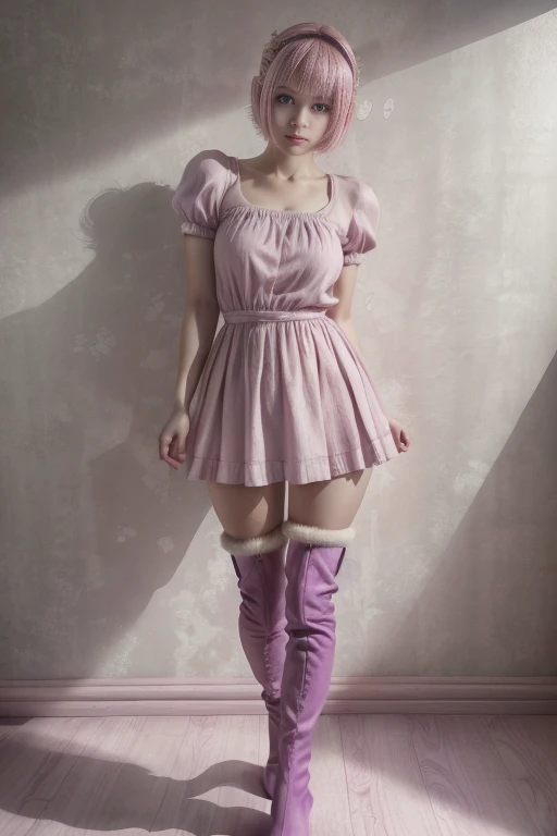 Young man, photo by full body, short-cut hair, full round face, short smile, knee-high boots, from front view, mid shot, highy detailed, stephanie movie wallpaper(Toga), pink  hair, purple hair band, pink clothes, pink dress, 