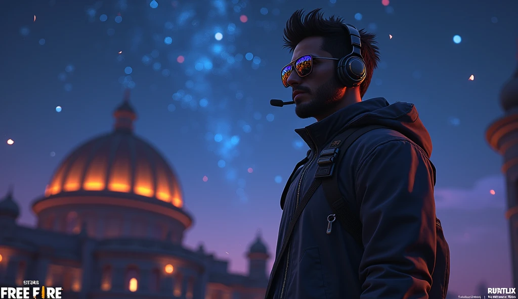 Scene 14: Location: Observatory
Alok Free Fire stands on the Observatory's rooftop, his sunglasses reflecting the stars above. He calls out enemy positions to his team through his headset.