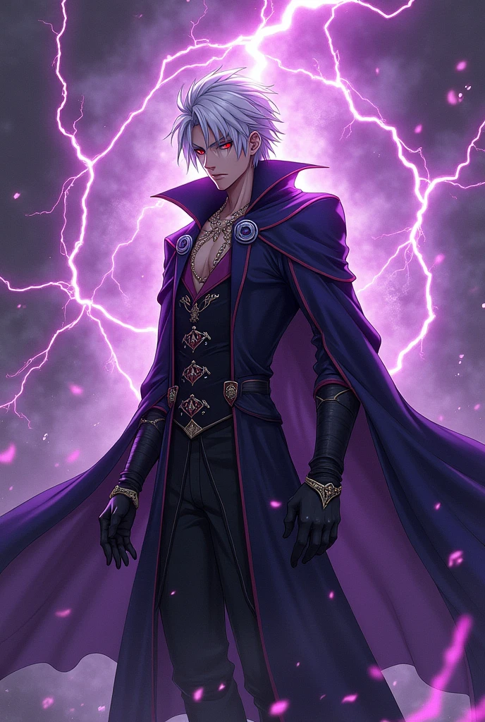 A male anime character with white hair ,powers of purple lightning That was a murderous scoundrel with red eyes in the medieval era and stole people&#39;s power
