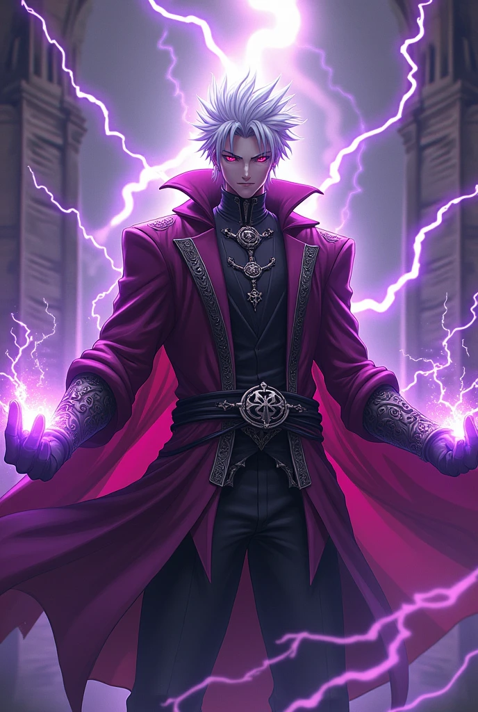 A male anime character with white hair ,powers of purple lightning That was a murderous scoundrel with red eyes in the medieval era and stole people's power
