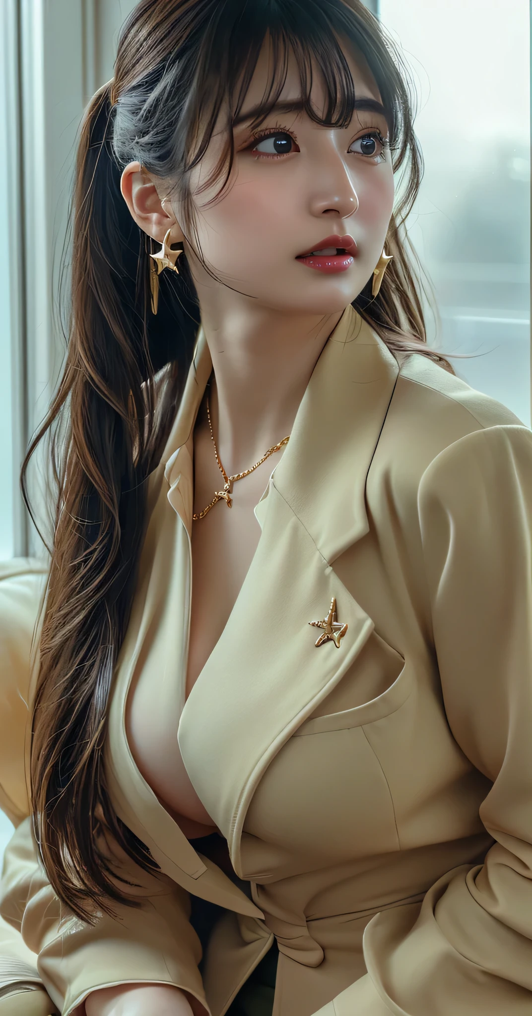 (8k,RAW Photos,Like the picture:1.45),masterpiece,Highest quality,wonderful,(セクシーなMature Woman:1),(Mature Woman:1.3), (2 woman.1.3)、(((very, very大きい)))、(((Extremely lewd and very huge boobs)))、(((Very deep cleavage)))、Hyper Real、In her office、A beautiful and dignified smile、Beautiful white skin、Beautiful, delicate and precise skin texture、With long, fluffy, beautiful brown hair(ponytail:1.0)、Beautiful Japanese Women、(Big Ass)、Thick thighs、Bright red lips、Gold small star shaped earrings、Gold bracelet、Gold Necklace、{Olive drab suit(White blouse)},