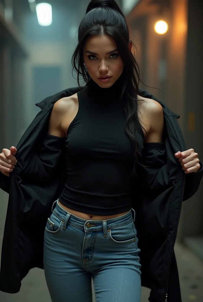 Metalhead woman wearing a black sleeveless turtleneck polo shirt and light blue jeans please while taking off her coat please 