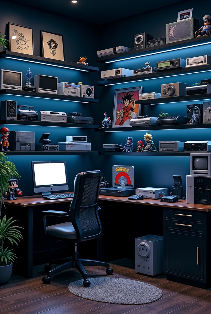 create a scenario for a nerd channel, a black wall, with black shelves, and dark blue lights. On the shelves, put old video games, nintendo 8 bit, atari, mega drive, if you cannot use these images, put similar ones very similar. Make it as realistic as possible, growing too, nerd culture items, the image must be 1280 x 720, don't show the floor, only 2 walls, ponha action figures, of animes, naruto, dragon ball, among others