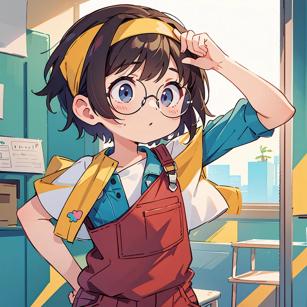 One person Character portrait Glasses whole body head band short hair Overalls Short sleeve