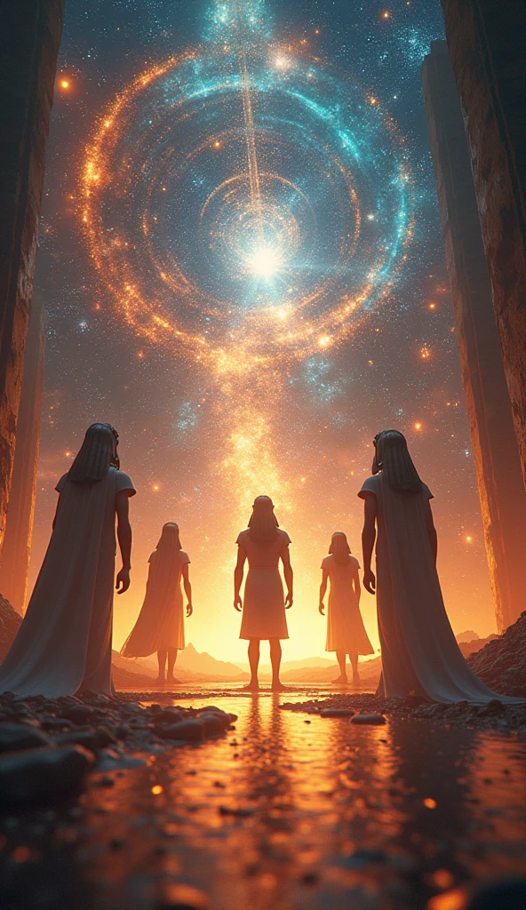 Design an image of a grand cosmic scene representing the establishment of order in the universe, with vibrant, intricate details and Egyptian symbols. The background should showcase a harmonious cosmic arrangement with the blurred silhouettes of Atum, Shu, and Tefnut, emphasizing their roles in the creation of order. Use masterpiece, best quality, CG, wallpaper, HDR, high quality, ultra detailed, cinematic, high detail, 8k, raw, high, artstation HQ, unreal engine, octane renderer, 4k resolution, hyperrealistic, highly detailed