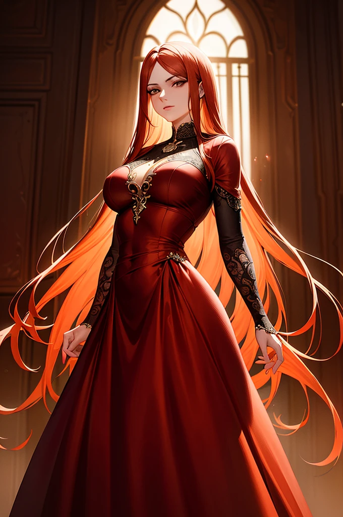 a beautiful angel woman with orange colored hair,  in a heaven ,very large breasts, detailed red dress, intricately detailed portrait, striking facial features, piercing eyes, long flowing hair, elegant pose, luxurious gown, dramatic lighting, photorealistic, vibrant colors, cinematic composition, incredibly detailed, award winning digital art ,cinematic lighting ,dramatic composition ,muted colors ,chiaroscuro lighting, moody atmosphere, fine art painting ,detailed face ,highly detailed, masterpiece:2, best quality:1.5, 8k:2 ,4k ,2k