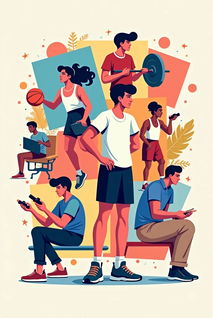 A poster placing someone playing basketball, weight training, studying, cooking, sleeping, playing video games, listening to music.