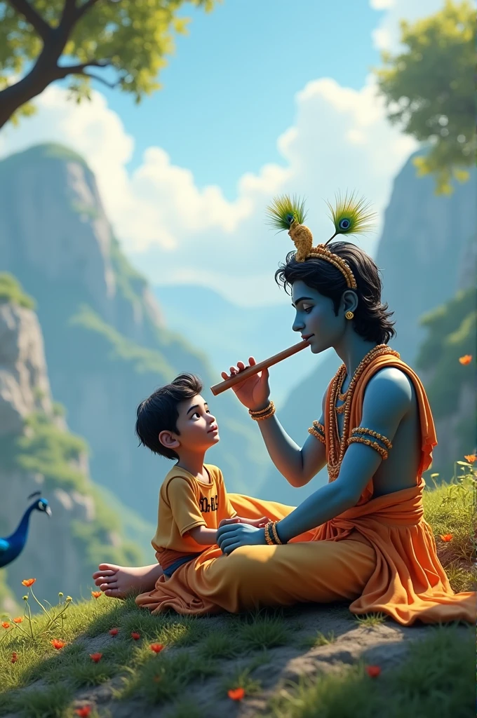create a 3d image of 20 year old Indian devotional boy who is sitting next to krishna ji and Krishna ji playing the flute, they both sit together on the mountain,boy wearing T-shirt Name "ROHIT" written on it, heaven like beautiful view background, peacock dancing,realistic image and boy is in barefoot.