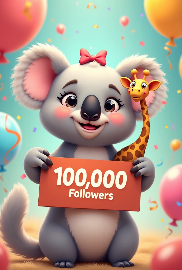 Image of an animated female koala with a 100k followers sign with a little giraffe on her shoulder. With confetti and balloons in celebration mode. Super cute and with a pink bow on her head.