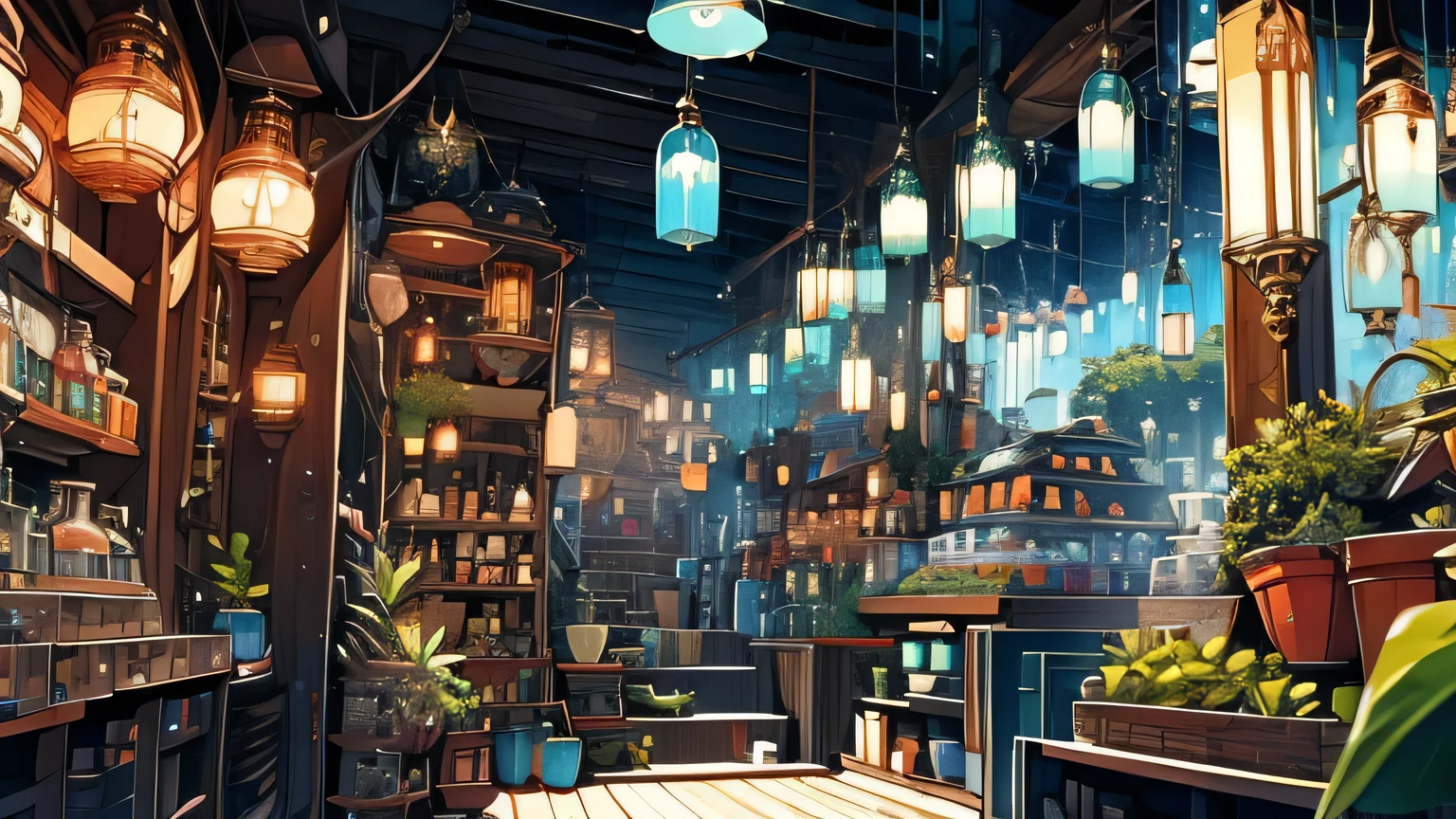 Attention to detail, high quality, high resolution, 4K, 8k, herbal shop, Lights come on, fantasy, raining outside