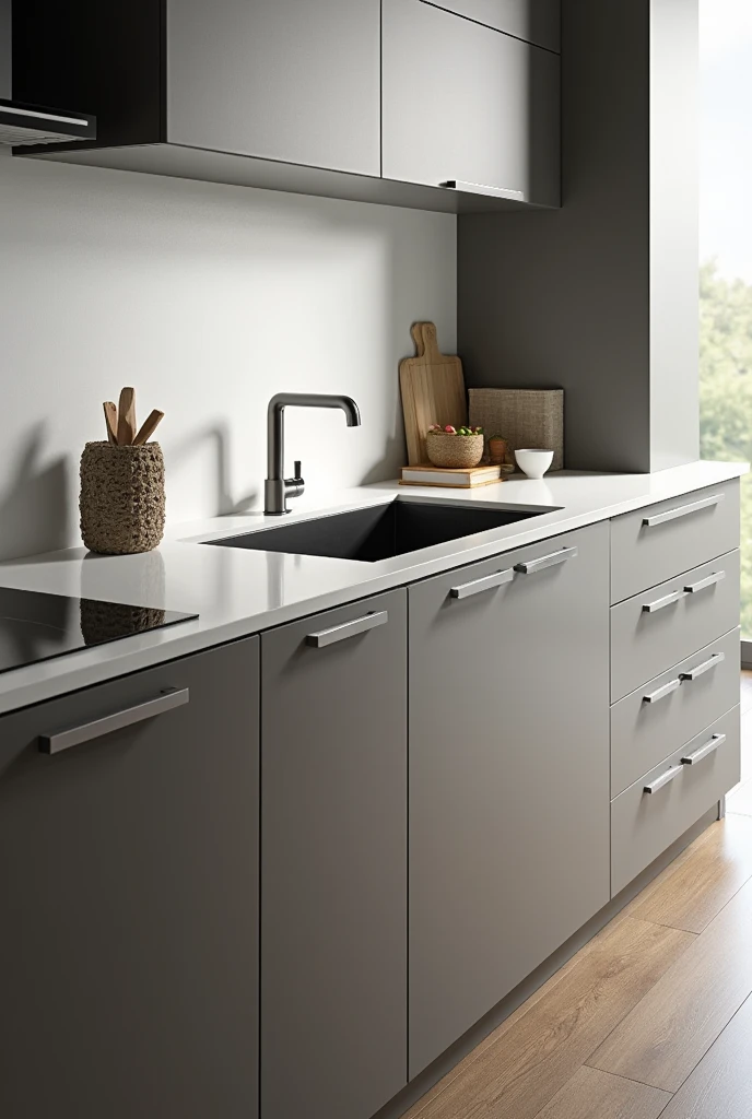 kitchen sink measuring 225x60cm with cabinet. cooktop on the left. 50cm between the cooktop and the sink on the right door below the cooktop and 4 drawers between the cooktop and the sink.

