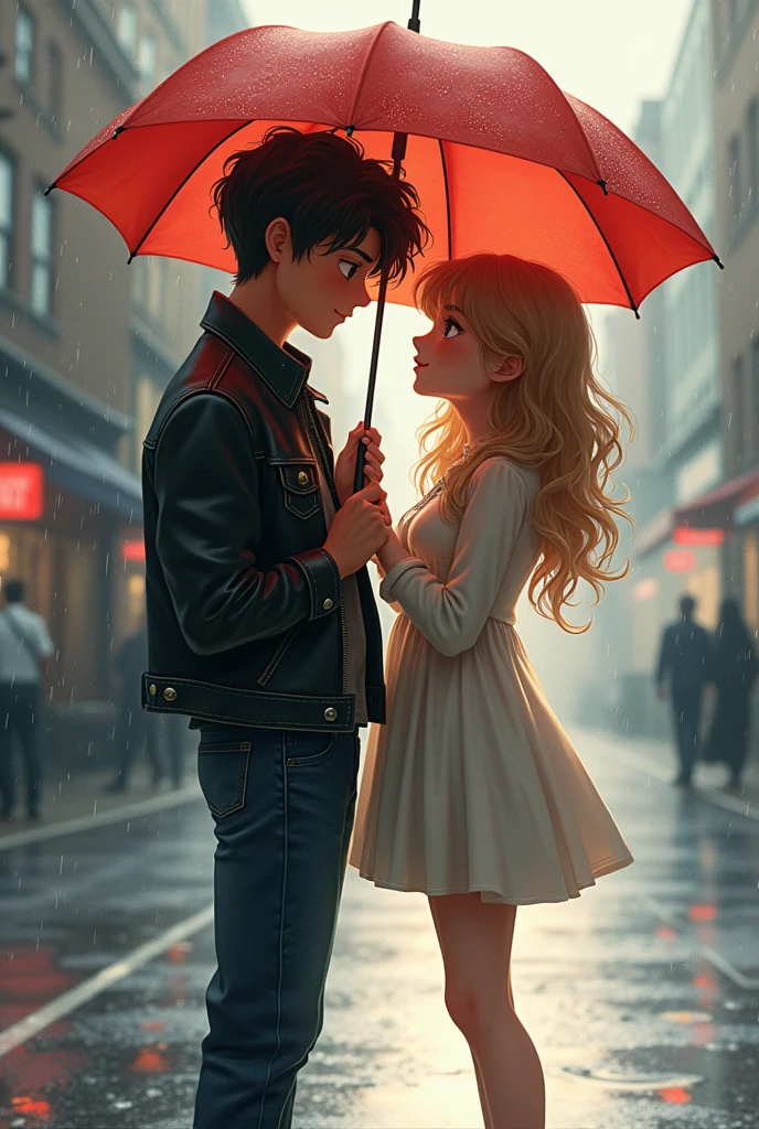 a cute bad boy and a cute girl with umbrella, rainy day