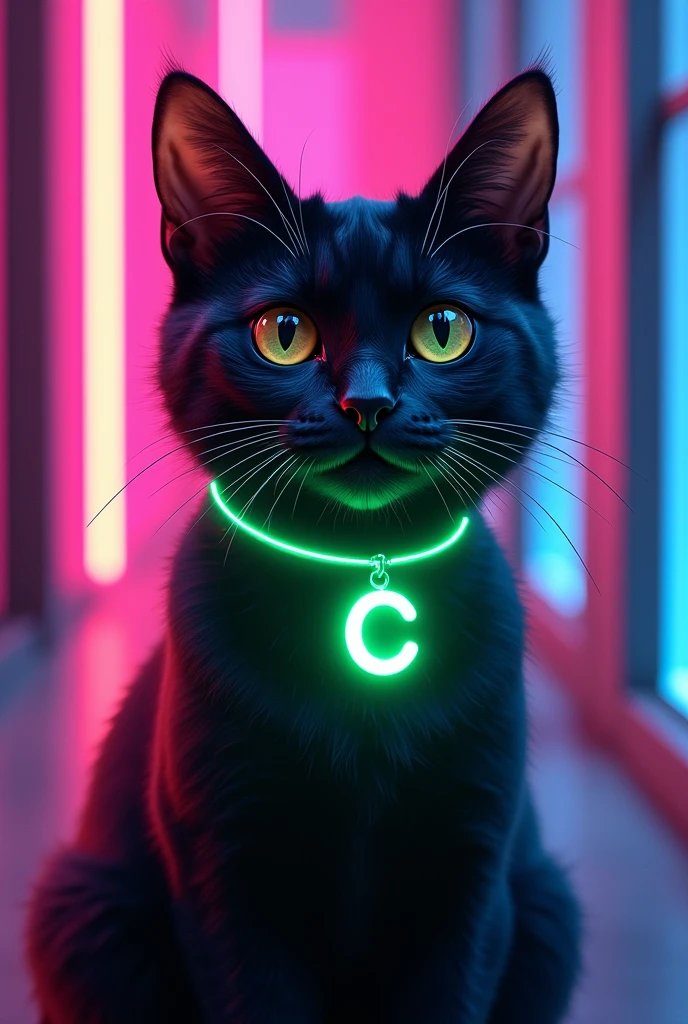 black cat. with a neon green necklace that says "c" in Spanish, cheered up