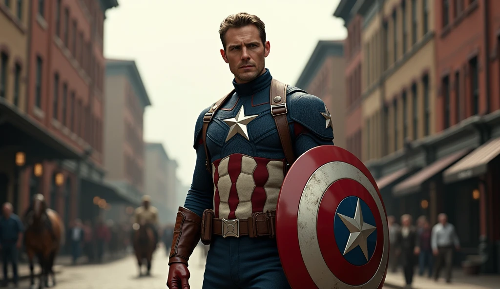1850's Marvel Avengers character, captain america , vintage captain america, realistic, realistic character, vintage, vintage character, vintage background, male, vintage city in background, highly detailed, extremely detailed, 8k, masterpiece, ultra-detailed, photorealistic, hdr, studio lighting, physically-based rendering, extreme detail description, vivid colors, dramatic lighting, cinematic, epic, captain america from 90s, vintage suit