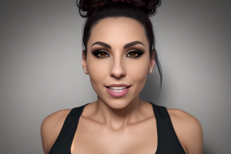 a portrait of DEN_Octokuro in front of a [plain black background] wearing a black tank top, collarbone, [headshot], [centre frame], looking at the camera, facing the camera,
[big open mouth grin], dynamic lighting, mole above her lip on the right,
photorealistic, high detail, detailed, masterpiece, 8k, highres, flawless, colour, professional