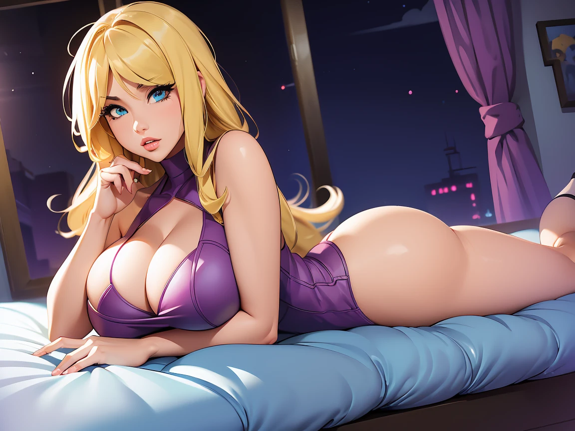 ((masterpiece)), ((best quality)), (detailed), perfect, solo, samus aran, gorgeous woman with large breasts, luscious lips, long hair, huge breast, deep cleavage, huge breasts, sexy, lying down