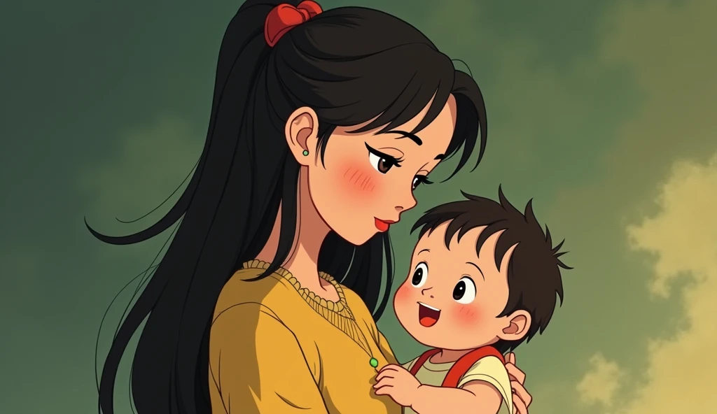 a young woman holding her baby,studio ghibli art style,studio ghibli art style,studio ghibli art style,studio ghibli art style
