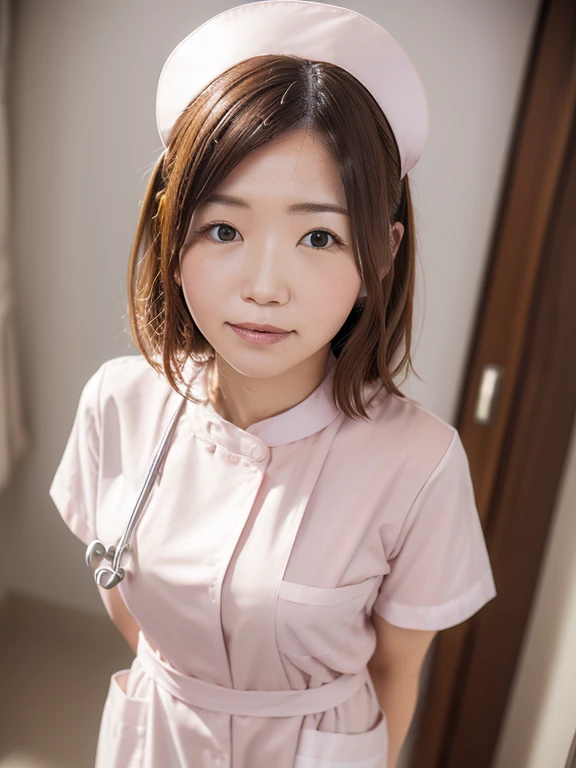 woman, alone, (Wearing white nurse clothes:1.2), Shortcuts, bangs, Upstyle, Black Hair, Iris, nurse, Perfect Anatomy, nurse uniform, ((Nurse cap)), ((White costume)), Long skirt, hospital, (close), Face close-up