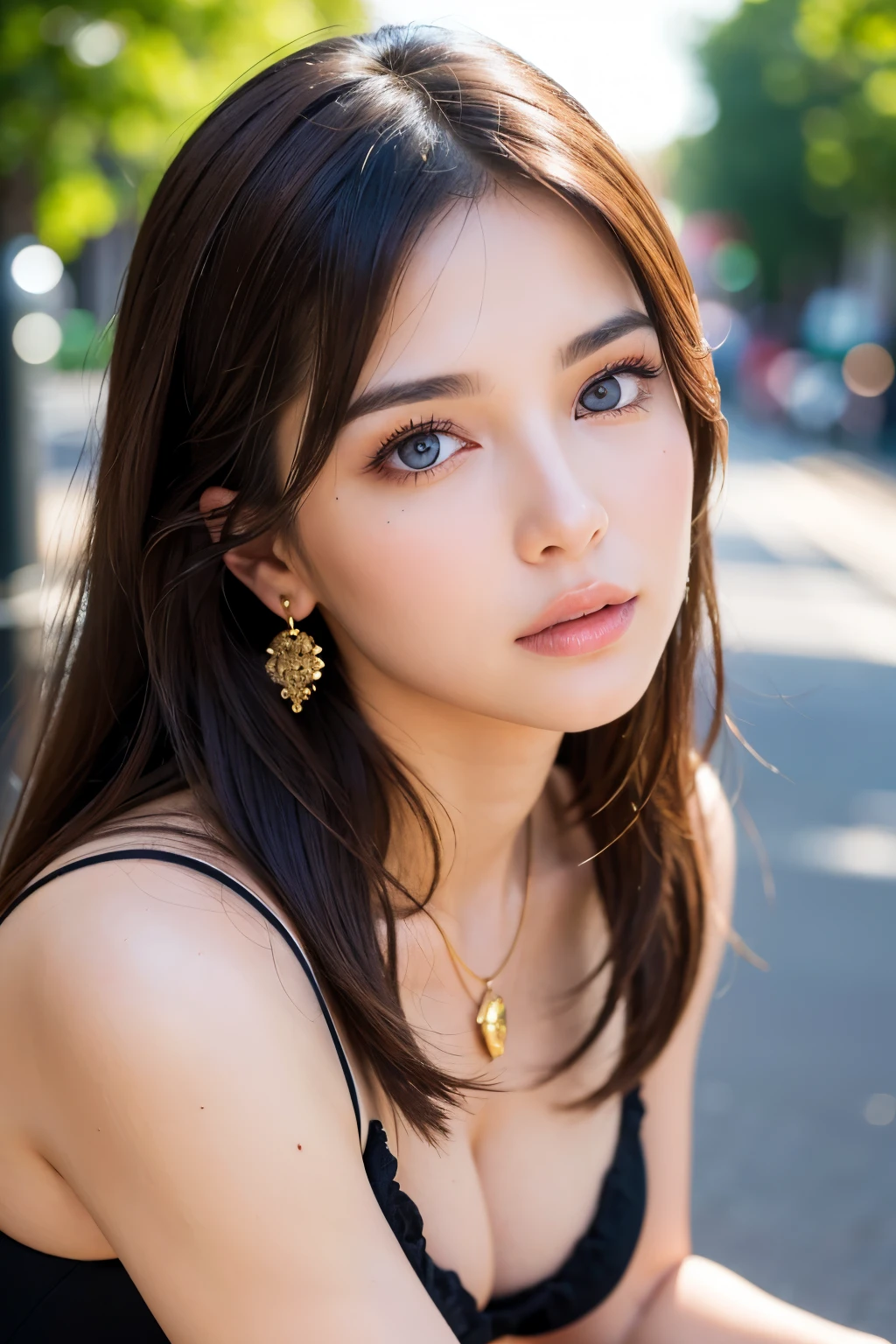 (Realistic, 8k, Top Quality, Masterpiece: 1.5, Best Quality, Illustration, Ultra-detailed, finely detail, high resolution, 8K Wallpaper, Perfect dynamic composition, Beautiful detailed eyes), office casual summer clothes:1.5, Natural Color Lip, walking street:2.0, 20 years girl, sweaty skin:1.3, (beautiful detailed face and eyes:1.5),dark brown hair, medium long hair:1.2, (Highly detailed face and skin texture, Highly detailed lip texture, Beautiful detailed eyes, Raw Photo), Very Delicate and Cute Japanese Girl:1.5, (1 girl), Perfect Style, necklace, earrings, handbag:1.2, realistic shadows, sexy cleavage:1.0, (Emphasis beautiful sexy Legs:1.5)