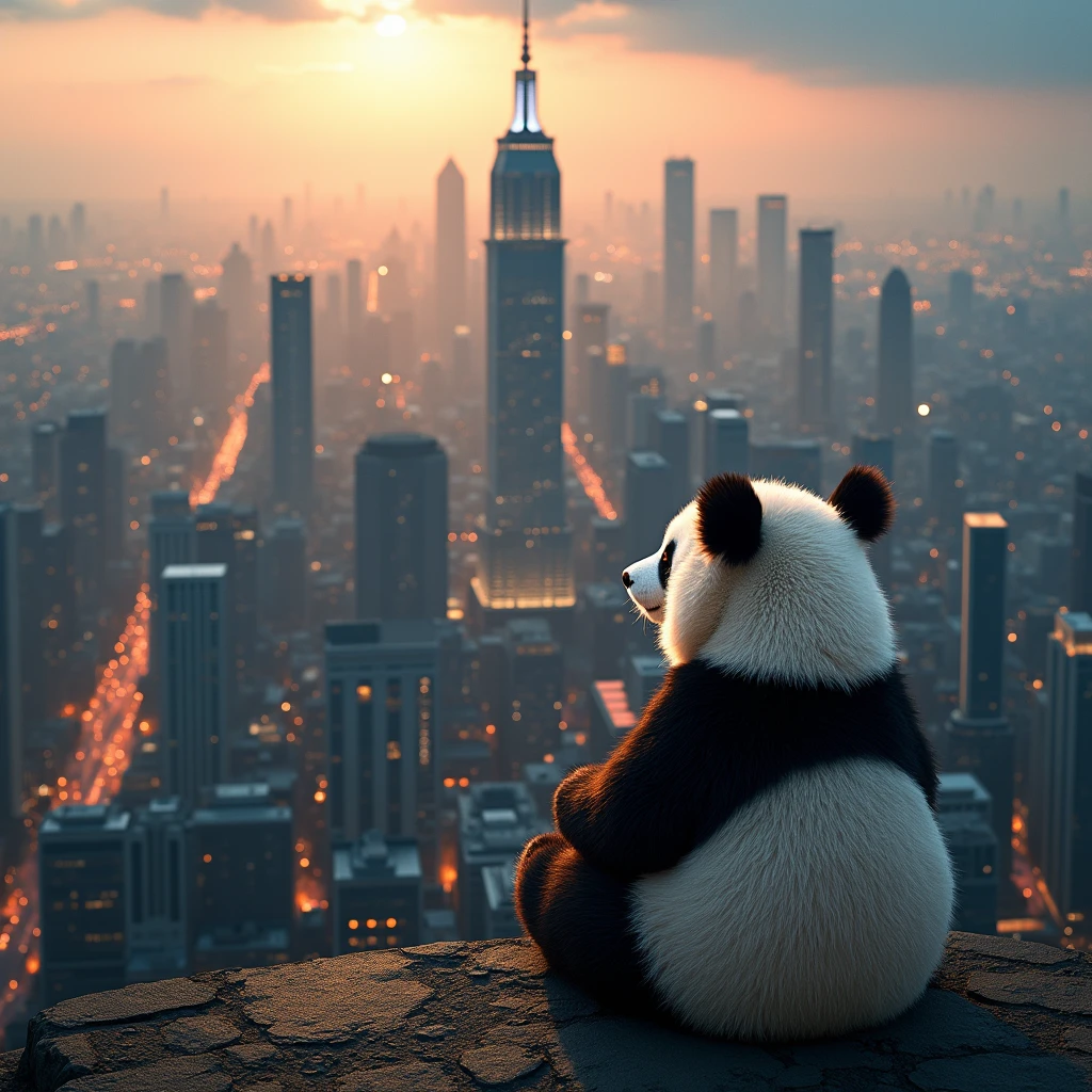 Highest quality、Skyscrapers shining in the morning sun、Watching from on high、Night view、8k、The soft and fluffy back of a panda、