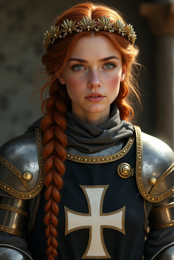 Lady in crusader armor, plate and cloth, auburn hair, gorgeous face, braided hair, wearing a golden laurel wreath crown, lokkint into the camera, best quality, ultra realistic, pretty face, freckles, waring a black tabard on top of her armour with the white hospitaller cross, tabard covers the chest area, realistic cloth, tabard is black, logo is white, photo quality, realistic skin,