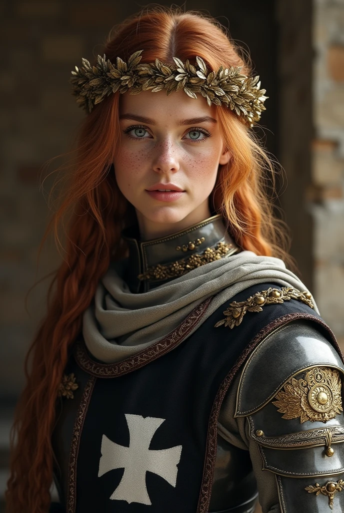 Lady in crusader armor, plate and cloth, auburn hair, gorgeous face, braided hair, wearing a golden laurel wreath crown, lokkint into the camera, best quality, ultra realistic, pretty face, freckles, waring a black tabard on top of her armour with the white hospitaller cross, tabard covers the chest area, realistic cloth, tabard is black, logo is white, photo quality, realistic skin,