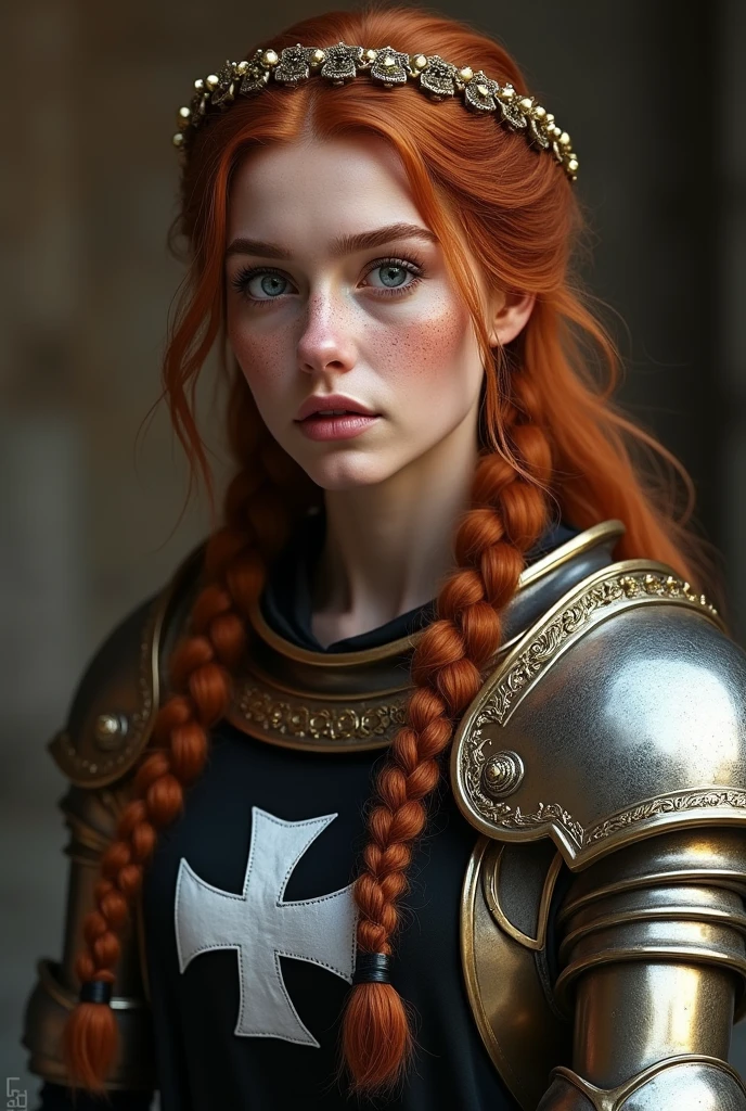 Lady in crusader armor, plate and cloth, auburn hair, gorgeous face, braided hair, wearing a golden laurel wreath crown, lokkint into the camera, best quality, ultra realistic, pretty face, freckles, waring a black tabard on top of her armour with the white hospitaller cross, tabard covers the chest area, realistic cloth, tabard is black, logo is white, photo quality, realistic skin,