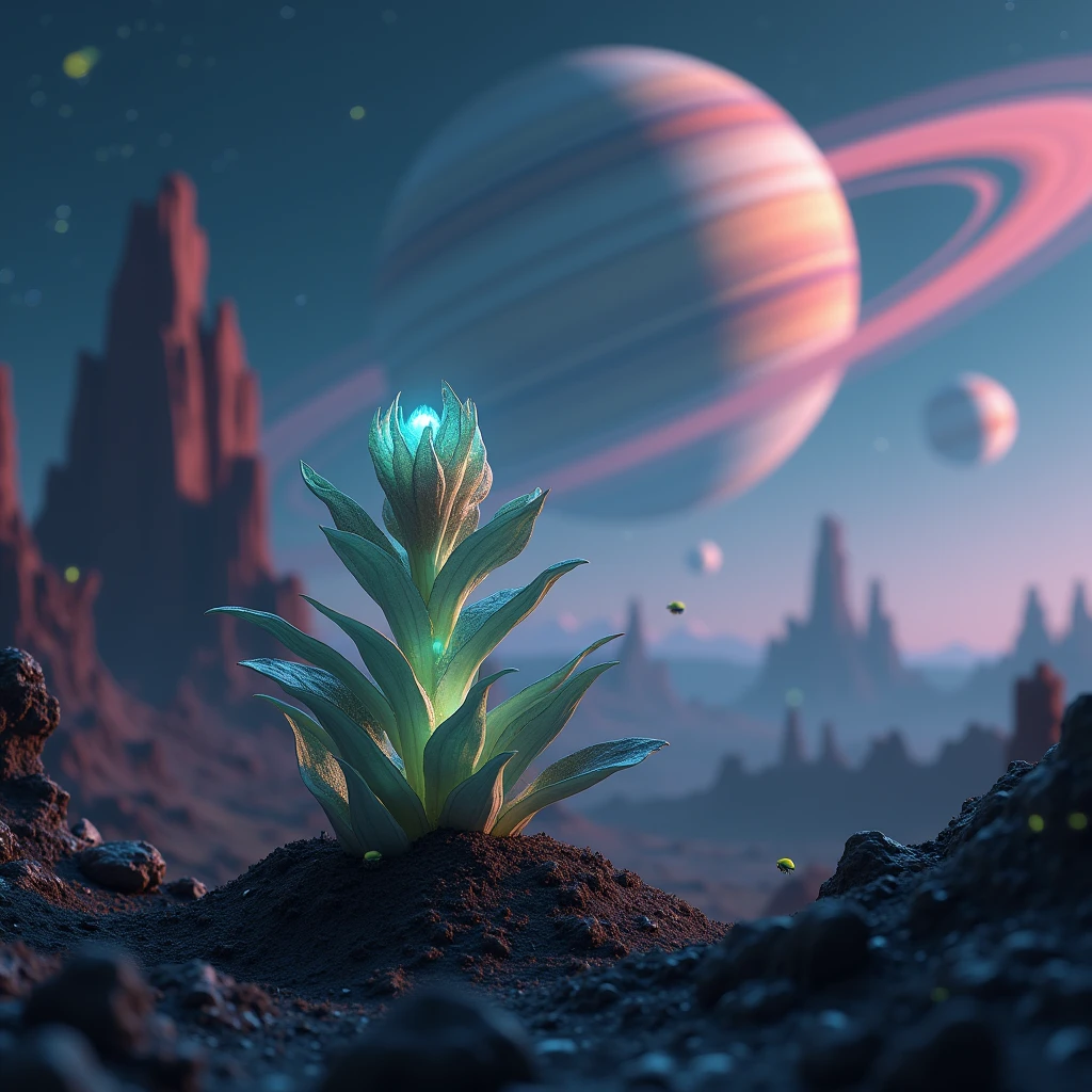 Real and high definition 16K photo a small plant on an unknown planet in the sky a distant planet with rings and some stars