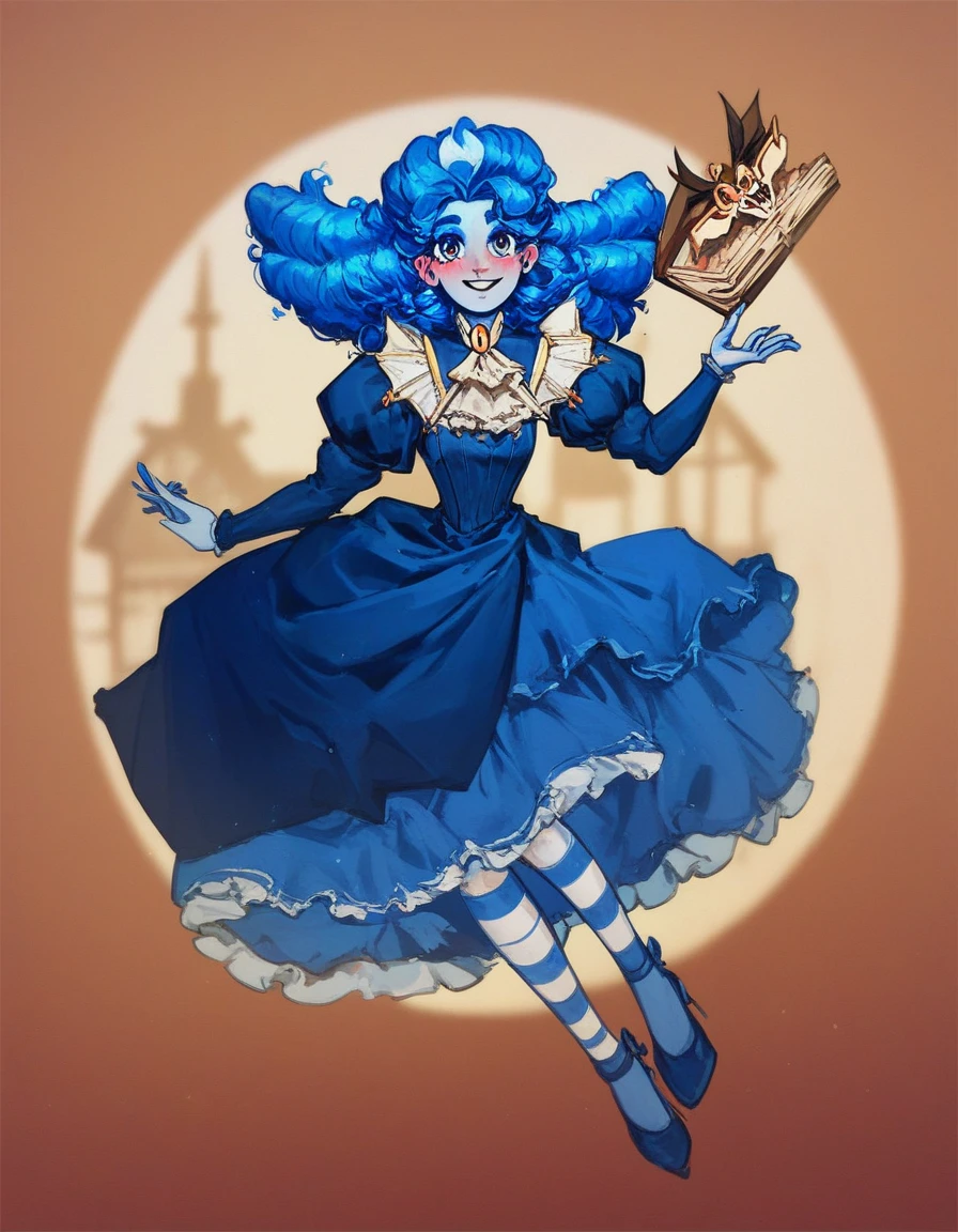 masterpiece, victorianstyle, frankelda, frankelda, 1girl, solo, dress, striped, blue hair, puffy sleeves, high heels, colored skin, nauthy smile, floating, blushing, abandoned office, spiderweb rosette background, night, moon light, spooky ambient