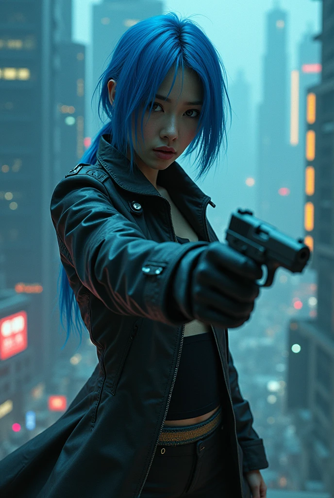 CYBERPUNK,EDGERUNNERS,blue hair,asian woman holding a gun in a city with a skyscraper in the background, trinity from the matrix, trinity the matrix, in the new matrix movie, dramatic wielding gun pose, neo from the matrix, from matrix(1999), from matrix ( 1 9 9 9 ), matrix), matrix ), agents from the matrix movie, matrix movie color grading