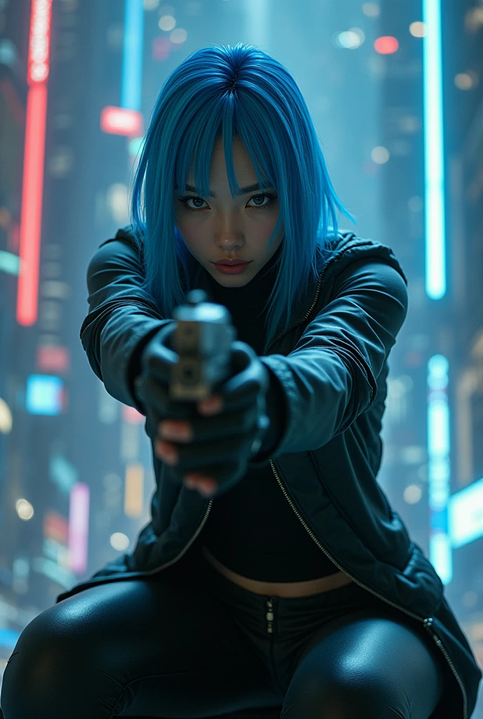 CYBERPUNK,EDGERUNNERS,blue hair,asian woman holding a gun in a city with a skyscraper in the background, trinity from the matrix, trinity the matrix, in the new matrix movie, dramatic wielding gun pose, neo from the matrix, from matrix(1999), from matrix ( 1 9 9 9 ), matrix), matrix ), agents from the matrix movie, matrix movie color grading